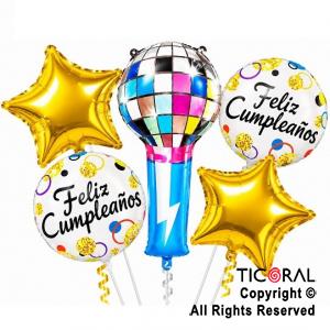 SET DE GLOBOS METALIZADO MICROFONO MULTICOLOR 5 UNIDADES